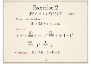 Exercise 2
44
Prove the following identity
(I) ^ (M) ` 1 + 1 ⌘ 1.
Answer:
1 + 1 1 + 1⇤(I) (T)
1 + 1 · 1⇤
1⇤ 1.
(M) (I)
Corollary: (I) ^ (M) ` E + E ⌘ E.
(EF)⇤
⌘ 1 + E(FE)⇤
F (M)
 