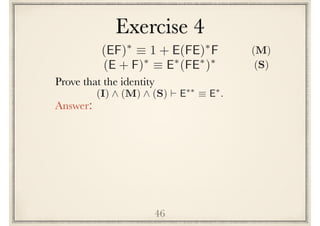 46
Prove the following identity
Answer:
(I) ^ (M) ^ (S) ` E⇤⇤
⌘ E⇤
.
(EF)⇤
⌘ 1 + E(FE)⇤
F
(E + F)⇤
⌘ E⇤
(FE⇤
)⇤
(S)
(M)
Exercise 4
 