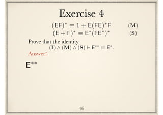 46
Prove the following identity
Answer:
(I) ^ (M) ^ (S) ` E⇤⇤
⌘ E⇤
.
E⇤⇤
(EF)⇤
⌘ 1 + E(FE)⇤
F
(E + F)⇤
⌘ E⇤
(FE⇤
)⇤
(S)
(M)
Exercise 4
 