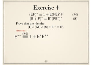46
Prove the following identity
Answer:
(I) ^ (M) ^ (S) ` E⇤⇤
⌘ E⇤
.
E⇤⇤ (M)
1 + E⇤
E⇤⇤
(EF)⇤
⌘ 1 + E(FE)⇤
F
(E + F)⇤
⌘ E⇤
(FE⇤
)⇤
(S)
(M)
Exercise 4
 