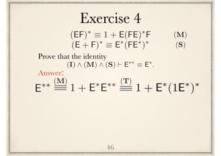 46
Prove the following identity
Answer:
(I) ^ (M) ^ (S) ` E⇤⇤
⌘ E⇤
.
E⇤⇤ (M)
1 + E⇤
E⇤⇤
(EF)⇤
⌘ 1 + E(FE)⇤
F
(E + F)⇤
⌘ E⇤
(FE⇤
)⇤
(S)
(M)
Exercise 4
(T)
1 + E⇤
(1E⇤
)⇤
 