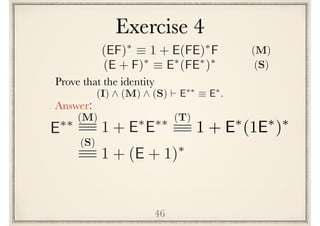 46
Prove the following identity
Answer:
(I) ^ (M) ^ (S) ` E⇤⇤
⌘ E⇤
.
E⇤⇤ (M)
1 + E⇤
E⇤⇤
(S)
1 + (E + 1)⇤
(EF)⇤
⌘ 1 + E(FE)⇤
F
(E + F)⇤
⌘ E⇤
(FE⇤
)⇤
(S)
(M)
Exercise 4
(T)
1 + E⇤
(1E⇤
)⇤
 