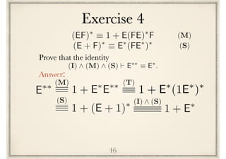 46
Prove the following identity
Answer:
(I) ^ (M) ^ (S) ` E⇤⇤
⌘ E⇤
.
E⇤⇤ (M)
1 + E⇤
E⇤⇤
(S)
1 + (E + 1)⇤ (I) ^ (S)
1 + E⇤
(EF)⇤
⌘ 1 + E(FE)⇤
F
(E + F)⇤
⌘ E⇤
(FE⇤
)⇤
(S)
(M)
Exercise 4
(T)
1 + E⇤
(1E⇤
)⇤
 