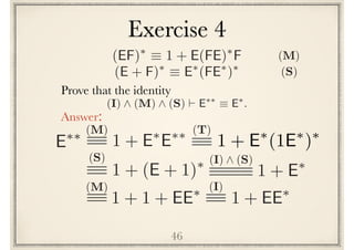 46
Prove the following identity
Answer:
(I) ^ (M) ^ (S) ` E⇤⇤
⌘ E⇤
.
E⇤⇤ (M)
1 + E⇤
E⇤⇤
(S)
1 + (E + 1)⇤ (I) ^ (S)
1 + E⇤
(M)
1 + 1 + EE⇤ (I)
1 + EE⇤
(EF)⇤
⌘ 1 + E(FE)⇤
F
(E + F)⇤
⌘ E⇤
(FE⇤
)⇤
(S)
(M)
Exercise 4
(T)
1 + E⇤
(1E⇤
)⇤
 