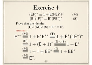 46
Prove the following identity
Answer:
(I) ^ (M) ^ (S) ` E⇤⇤
⌘ E⇤
.
E⇤⇤ (M)
1 + E⇤
E⇤⇤
(S)
1 + (E + 1)⇤ (I) ^ (S)
1 + E⇤
(M)
1 + 1 + EE⇤ (I)
1 + EE⇤
E⇤
.
(M)
(EF)⇤
⌘ 1 + E(FE)⇤
F
(E + F)⇤
⌘ E⇤
(FE⇤
)⇤
(S)
(M)
Exercise 4
(T)
1 + E⇤
(1E⇤
)⇤
 