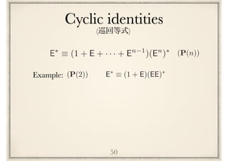 Cyclic identities
50
E⇤
⌘ (1 + E)(EE)⇤
(P(2))Example:
(P(n))E⇤
⌘ (1 + E + · · · + En 1
)(En
)⇤
( )
 