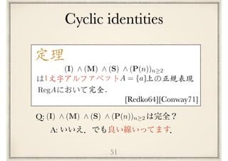 (P(n))E⇤
⌘ (1 + E + · · · + En 1
)(En
)⇤
51
A:
Q: (I) ^ (M) ^ (S) ^ (P(n))n 2
Cyclic identities
定理
(I) ^ (M) ^ (S) ^ (P(n))n 2
は1⽂字アルファベット　　　 上の正規表現
　　 において完全．RegA
A = {a}
[Redko64][Conway71]
 