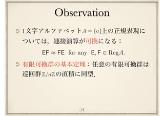 Observation
54
1
EF ⇡ FE for any E, F 2 RegA.
Z/nZ
A = {a}
 
