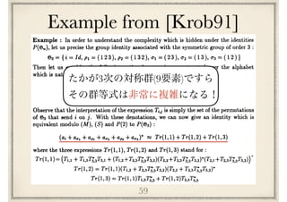 59
73
Tr(1, 1)= (T1,1+ T1,3T;,3T3,1 +
T r(1, 2) = Tr(1, 1)(TI,~ + T2,3T~,3Taa)(T2,2+ T2,3T~,3T3,2)*
Tr(1, 3) = Tr(1, 1)T1,3T~,3+ Tr(1,2)T2,3T;,3
Note that the interpretations of these expressions are quite simple. Indeed, Tr(1, i) is
exactly the set of the words which corresponds to the permutations mapping 1 on i.
COROLLARY V.6 : Let A be an alphabet. Then, the following system :
(M), (S), (P(~,,)),,>__2
is a complete system of B-rational identities for A.
Example : In order to understand the complexity which is hidden under the identities
P(6,~), let us precise the group identity associated with the symmetric group of order 3 :
e#3= {i-- Id, Pl = (123), P2 = (132), al = (23), a2 = (13), a3-- (12)}
Then let us consider the following rational expressions constructed over the alphabet
which is naturally associated with 63 :
Tu=a~+a~l Tm=ap,+a~ 3 T1,3=ap2+a~
T~,, = ap~ + a~ T2,2= ai + ao2 T2,3= ap, + a~,
T3,1 = ap~ + ao~ T3,2= a~ + a~, T3,3= ai + aa~
Observe that the interpretation of the expression T/j is simply the set of the permutations
of 63 that send i on j. With these denotations, we can now give an identity which is
equivalent modulo (M), (S) and P(2) to P(e~a) :
(hi + ca, + ap, + a~,~+ a~ + co2)* .~ Tr(1,1) + Tr(1,2) + Tr(1,3)
where the three expressions Tr(1,1), Tr(1, 2) and Tr(1, 3) stand for :
Example from [Krob91]
3 (6 )
 