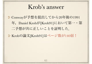 Krob’s answer
61
Conway 20 1991
Daniel Krob [Krob91]
Krob [Krob91] 140
 