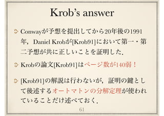 Krob’s answer
61
Conway 20 1991
Daniel Krob [Krob91]
Krob [Krob91] 140
[Krob91]
 
