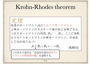 64
定理
[KR65]
任意のオートマトン　はリセットオートマトン
と群オートマトンのカスケード積の形に分解できる．
つまりオートマトンの列 　　　　　　 ，ここで各　
はリセットオートマトンか群オートマトン，が存在
して次が成り立つ：
A
B1, B2, · · · , Bn
A  B1 B2 · · · Bn
Bi
Krohn-Rhodes theorem
 