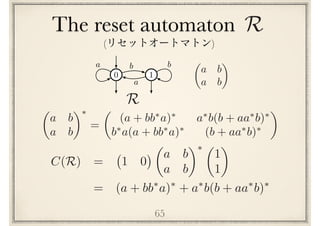 The reset automaton f
65
0 1
ba
a
b ✓
a b
a b
◆
R
R
C(R) = 1 0
✓
a b
a b
◆⇤ ✓
1
1
◆
= (a + bb⇤
a)⇤
+ a⇤
b(b + aa⇤
b)⇤
✓
a b
a b
◆⇤
=
✓
(a + bb⇤
a)⇤
a⇤
b(b + aa⇤
b)⇤
b⇤
a(a + bb⇤
a)⇤
(b + aa⇤
b)⇤
◆
( )
 