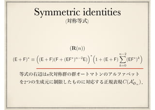 (R(n))
Symmetric identities
(E + F)⇤
⌘
⇣
(E + F)(F + (EF⇤
)n 2
E)
⌘⇤⇣
1 + (E + F)
n 2X
k=0
(EF⇤
)k
⌘
( )
n
2 C(A0
Sn
)
 