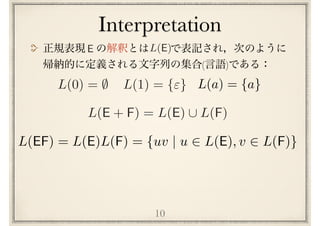 Interpretation
10
( )
L(E + F) = L(E) [ L(F)
E L(E)
L(EF) = L(E)L(F) = {uv | u 2 L(E), v 2 L(F)}
L(0) = ; L(1) = {"} L(a) = {a}
 