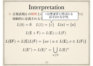 Interpretation
10
( )
L(E + F) = L(E) [ L(F)
L(E⇤
) = L(E)⇤
=
[
n 0
L(E)n
E L(E)
L(EF) = L(E)L(F) = {uv | u 2 L(E), v 2 L(F)}
L(0) = ; L(1) = {"} L(a) = {a}
0
"
 