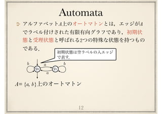 Automata
12
A A
2
q0 q1
a
a
b b
A= {a, b}
 