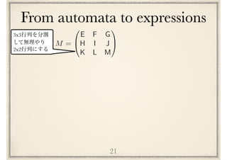 From automata to expressions
21
M =
0
@
E F G
H I J
K L M
1
A
3x3
2x2
 