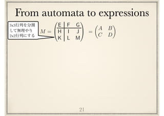 From automata to expressions
21
M =
0
@
E F G
H I J
K L M
1
A =
✓
A B
C D
◆3x3
2x2
 