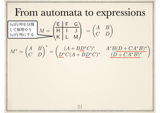From automata to expressions
21
M =
0
@
E F G
H I J
K L M
1
A =
✓
A B
C D
◆
M⇤
=
✓
A B
C D
◆⇤
=
✓
(A + BD⇤
C)⇤
A⇤
B(D + CA⇤
B)⇤
D⇤
C(A + BD⇤
C)⇤
(D + CA⇤
B)⇤
◆
3x3
2x2
 