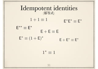 Idempotent identities
31
E + E ⌘ E
1⇤
⌘ 1
E⇤
E⇤
⌘ E⇤
E⇤⇤
⌘ E⇤
E + E⇤
⌘ E⇤E⇤
⌘ (1 + E)⇤
1 + 1 ⌘ 1
( )
 
