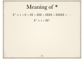 Meaning of *
34
E⇤
⌘ 1 + EE⇤
E⇤
⌘ 1 + E + EE + EEE + EEEE + EEEEE + · · ·
 