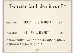 Two standard identities of *
39
(mult-star) (EF)⇤
⌘ 1 + E(FE)⇤
F
(sum-star) (E + F)⇤
⌘ E⇤
(FE⇤
)⇤
(S)
(M)
2 (M) (S) star
 