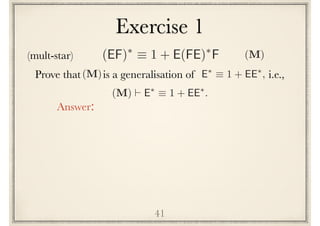 Exercise 1
41
Prove that is a generalisation of i.e.,E⇤
⌘ 1 + EE⇤
,(M)
(M) ` E⇤
⌘ 1 + EE⇤
.
Answer:
(mult-star) (EF)⇤
⌘ 1 + E(FE)⇤
F (M)
 