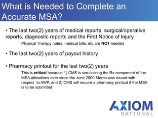 OverviewWho We AreConditional Payments Inquiry – Lien Negotiation Process Who We AreStep #2: Notify the Medicare Secondary Payor Recovery Contractor (MSPRC) to initiate the Medicare Conditional Payment Lien on the Claim:(This step should be completed prior to any settlement negotiations.)Send a form letter to the correct MSPRC address. You will need to include the same information as above and specifically request they start the conditional payment investigation and send you any lien information. The signed and returned CMS specific HIPAA (Health Insurance Portability and Accountability Act) form must accompany this document for the MSPRC to share any conditional payment lien information with you. You will receive an “Estimated Medicare Conditional Payment Lien” in approximately 60 days.This document will contain dates of service, ICD-9 diagnostic codes for which the medical treatment was needed, Total Charges, Reimbursed amount, and Conditional Payment amount. The Conditional Payment is the amount Medicare paid for medical services related to this claimant. 