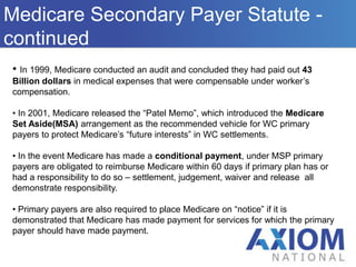  The intent is to assure that carriers are not improperly shifting the burden of the claimant’s medical expenses or future care to the Medicare system