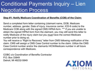  In the event Medicare has made a conditional payment, under MSP primary payers are obligated to reimburse Medicare within 60 days if primary plan has or had a responsibility to do so – settlement, judgement, waiver and release  all demonstrate responsibility.