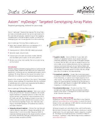 Data Sheet
Axiom™
myDesign™
Targeted Genotyping Array Plates
Targeted genotyping, tailored for your study
Axiom™
myDesign™
Targeted Genotyping (TG) Array Plates
are fully customizable panels that can be optimized with
the most relevant genomic markers for your fine mapping,
candidate gene, and SNP validation studies, as well as for
developing your own focused panels for routine screening.
Axiom myDesign TG Array Plates enable you to:
n	 Easily select relevant SNPs from our database of 11
million validated common and rare variants
n	 Create panels of 1,500 to 500,000 markers per sample
n	 Generate rapid, robust results
n	 Conduct genome-wide association studies (GWAS)
and candidate gene studies on the same platform
n	 Receive your array more quickly than any custom array
on the market
Introduction
Whether exploring interesting regions after your genome-wide
association study, validating novel SNPs from your sequencing
experiment, or ramping up your candidate gene project, Axiom
myDesign TG Array Plates are the newest innovation from
Affymetrix to accelerate your focused genotyping studies.
Based on the universal workflow of the Axiom™
Genotyping
Solution, Axiom myDesign TG Array Plates offer the confidence
of validated genomic content and unprecedented flexibility to
design an optimal panel for your study.
Axiom myDesign TG Array Plates provide:
n	 The most comprehensive content – Tailor your custom
arrays using the Axiom™
Genomic Database, the world’s
largest database of validated genomic content from the
human genome spanning four major populations (CEU,
JPT, CHB, and YRI). The database contains more than 11
million rare and common variants from sources such as
the International HapMap Project, the 1000 Genomes
Project, the NHGRI Database of Published Associations,
and other initiatives.
n	 Uniquely relevant markers – Choose the most relevant
markers based on population, linkage disequilibrium (LD,
measured by r2
), and minor allele frequency (MAF) to
maximize statistical power for the study. Genomic markers
are further classified by SNP type, biological process, or
previous disease association GWAS.
n	 Superior results – Have confidence in your data with
millions of validated markers. Each variant has been
extensively validated in a large number of biological samples
to ensure that the SNP is not due to sequencing error, the
minor allele can be reliably detected, and has undergone
rigorous functional testing to ensure highly reliable and
reproducible performance. Data quality was assessed against
the HapMap 270 diversity panel to confirm call rate, sample
pass rate, concordance, and reproducibility.
n	 Unmatched scalability – Create fully customized panels
containing 1,500 to 500,000 markers using validated content
from Affymetrix, or submit novel target sequence from
other sources. This industry-leading scalability provides more
options to maximize genetic coverage across the genome or
within specific gene regions to support SNP validation, fine
mapping, or candidate gene studies.
n	 Accelerated discovery – Process more than 750
samples per week using the fully automated workflow
based on the Axiom™
2.0 Reagent Kit and the GeneTitan®
Multi-Channel Instrument.
Easy to select, easy to design
Designing an Axiom myDesign TG Array Plate is easy. Register
online at www.affymetrix.com/mydesign to access the Axiom
Design Center, your gateway to SNP selection and array design
using the Axiom Genomic Database.
All design requests are submitted online, and the Affymetrix
Bioinformatics Services team will help you create your custom
Axiom panel. You can submit gene, region, sequence, or probe
ID. The design and ordering process is outlined in detail in
the Axiom™
myDesign™
Array Plate Design Guide, available at
www.affymetrix.com.
 