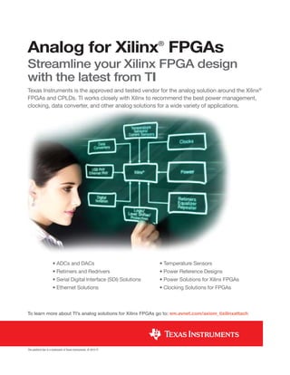 Analog for Xilinx® FPGAs
Streamline your Xilinx FPGA design
with the latest from TI
Texas Instruments is the approved and tested vendor for the analog solution around the Xilinx®
FPGAs and CPLDs. TI works closely with Xilinx to recommend the best power management,
clocking, data converter, and other analog solutions for a wide variety of applications.

• ADCs and DACs

• Temperature Sensors

• Retimers and Redrivers

• Power Reference Designs

• Serial Digital Interface (SDI) Solutions

• Power Solutions for Xilinx FPGAs

• Ethernet Solutions

• Clocking Solutions for FPGAs

To learn more about TI’s analog solutions for Xilinx FPGAs go to: em.avnet.com/axiom_tixilinxattach

The platform bar is a trademark of Texas Instruments. © 2013 TI

 