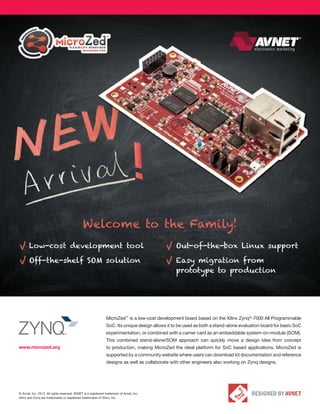 Welcome to the Family!
Low-cost development tool
Off-the-shelf SOM solution

Out-of-the-box Linux support
Easy migration from 
prototype to production

MicroZed™ is a low-cost development board based on the Xilinx Zynq®-7000 All Programmable
SoC. Its unique design allows it to be used as both a stand-alone evaluation board for basic SoC
experimentation, or combined with a carrier card as an embeddable system-on-module (SOM).
This combined stand-alone/SOM approach can quickly move a design idea from concept
www.microzed.org

to production, making MicroZed the ideal platform for SoC based applications. MicroZed is
supported by a community website where users can download kit documentation and reference
designs as well as collaborate with other engineers also working on Zynq designs.

© Avnet, Inc. 2013. All rights reserved. AVNET is a registered trademark of Avnet, Inc.
Xilinx and Zynq are trademarks or registered trademarks of Xilinx, Inc.

 