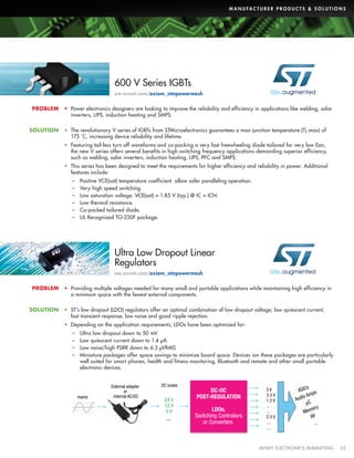 M A N U FA C T U R E R P R O D U C T S  S O L U T I O N S

600 V Series IGBTs
em.avnet.com/axiom_stmpowermesh
PROBLEM

SOLUTION

•	 Power electronics designers are looking to improve the reliability and efficiency in applications like welding, solar
inverters, UPS, induction heating and SMPS.
•	 The revolutionary V series of IGBTs from STMicroelectronics guarantees a max junction temperature (Tj max) of
175 ˚C, increasing device reliability and lifetime.
•	 Featuring tail-less turn off waveforms and co-packing a very fast freewheeling diode tailored for very low Eon,
the new V series offers several benefits in high switching frequency applications demanding superior efficiency,
such as welding, solar inverters, induction heating, UPS, PFC and SMPS.
•	 This series has been designed to meet the requirements for higher efficiency and reliability in power. Additional
features include:
––
––
––
––
––
––

Positive VCE(sat) temperature coefficient allow safer paralleling operation.
Very high speed switching.
Low saturation voltage: VCE(sat) = 1.85 V (typ.) @ IC = ICN.
Low thermal resistance.
Co-packed tailored diode.
UL Recognized TO-220F package.

Ultra Low Dropout Linear
Regulators
em.avnet.com/axiom_stmpowermesh
PROBLEM

SOLUTION

•	 Providing multiple voltages needed for many small and portable applications while maintaining high efficiency in
a minimum space with the fewest external components.
•	 ST’s low dropout (LDO) regulators offer an optimal combination of low dropout voltage, low quiescent current,
fast transient response, low noise and good ripple rejection.
•	 Depending on the application requirements, LDOs have been optimized for:
––
––
––
––

Ultra low dropout down to 50 mV
Low quiescent current down to 1.4 µA
Low noise/high PSRR down to 6.3 µVRMS
Miniature packages offer space savings to minimize board space. Devices ion these packages are particularly
well suited for smart phones, health and fitness monitoring, Bluetooth and remote and other small portable
electronic devices.

mains

External adapter
or
internal AC/DC

DC buses

24 V
12 V
5V

DC-DC
POST-REGULATION
LDOs,
Switching Controllers
or Converters

	

5V
3.3 V
1.2 V
...
...
2.5 V
....
....

s
ASIC
s
Amp
o
Audi
µC
ory
Mem
RF
...

AVNET ELECTRONICS MARKETING	35

 