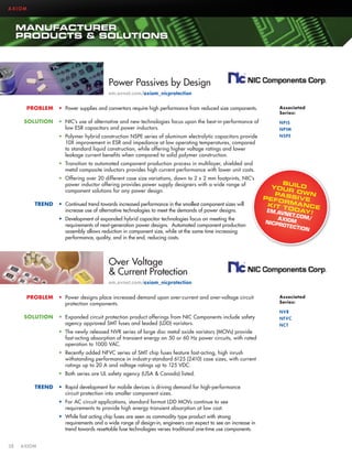 AXIOM

MANUFACTURER
PRODUCTS  SOLUTIONS

Power Passives by Design
em.avnet.com/axiom_nicprotection
PROBLEM

•	 Power supplies and convertors require high performance from reduced size components.

Associated
Series:

SOLUTION

•	 NIC’s use of alternative and new technologies focus upon the best-in-performance of
low ESR capacitors and power inductors.

NPIS

•	 Polymer hybrid construction NSPE series of aluminum electrolytic capacitors provide
10X improvement in ESR and impedance at low operating temperatures, compared
to standard liquid construction, while offering higher voltage ratings and lower
leakage current benefits when compared to solid polymer construction.

NSPE

NPIM

•	 Transition to automated component production process in multilayer, shielded and
metal composite inductors provides high current performance with lower unit costs.
•	 Offering over 20 different case size variations, down to 2 x 2 mm footprints, NIC’s
power inductor offering provides power supply designers with a wide range of
component solutions for any power design.
TREND

•	 Continued trend towards increased performance in the smallest component sizes will
increase use of alternative technologies to meet the demands of power designs.
•	 Development of expanded hybrid capacitor technologies focus on meeting the
requirements of next-generation power designs. Automated component production
assembly allows reduction in component size, while at the same time increasing
performance, quality, and in the end, reducing costs.

BU
YOU ILD
R OW
PA
N
PEFO SSIVE
R
K I T T M A N CE
EM.AV ODAY!
NET.C
A XIOM OM/
_
NICPR
OTECT
ION

Over Voltage
 Current Protection
em.avnet.com/axiom_nicprotection
PROBLEM

•	 	 ower designs place increased demand upon over-current and over-voltage circuit
P
protection components.

SOLUTION

•	 Expanded circuit protection product offerings from NIC Components include safety
agency approved SMT fuses and leaded (LDD) varistors.
•	 The newly released NVR series of large disc metal oxide varistors (MOVs) provide
fast-acting absorption of transient energy on 50 or 60 Hz power circuits, with rated
operation to 1000 VAC.
•	 Recently added NFVC series of SMT chip fuses feature fast-acting, high inrush
withstanding performance in industry-standard 6125 (2410) case sizes, with current
ratings up to 20 A and voltage ratings up to 125 VDC.
•	 Both series are UL safety agency (USA  Canada) listed.

TREND

•	 Rapid development for mobile devices is driving demand for high-performance
circuit protection into smaller component sizes.
•	 For AC circuit applications, standard format LDD MOVs continue to see
requirements to provide high energy transient absorption at low cost.
•	 While fast acting chip fuses are seen as commodity type product with strong
requirements and a wide range of design-in, engineers can expect to see an increase in
trend towards resettable fuse technologies verses traditional one-time use components.

38	AXIOM

Associated
Series:
NVR
NFVC
NCT

 