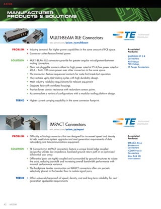 AXIOM

MANUFACTURER
PRODUCTS  SOLUTIONS

MULTI-BEAM XLE Connectors
em.avnet.com/axiom_tycmultibeam
PROBLEM

•	 Industry demands for higher power capabilities in the same amount of PCB space.
•	 Connectors often feature limited power.

SOLUTION

•	 MULTI-BEAM XLE connectors provide for greater angular mis-alignment between
mating connectors.
•	 Their hot-pluggable contacts allow for high power rated at 75 A/low power rated at
40 A – that’s 35% more power over other connectors in the same space.

Associated
Products:
MULTIGIG RT 2-R
Connectors
Mid-Range
PCB Relays
ET Power Connectors

•	 The connectors feature sequenced contacts for mate-first-break-last operation.
•	 They achieve up to 500 mating cycles with high durability design.
•	 Meet industry reliability requirements for telecom equipment.
•	 Dissipate heat with ventilated housings.
•	 Provide lower contact resistance with redundant contact points.
•	 Accommodate a variety of configurations with a modular tooling platform design.
TREND

•	 Higher current carrying capability in the same connector footprint.

IMPACT Connectors
em.avnet.com/axiom_tycimpact
PROBLEM

SOLUTION

•	 Difficulty in finding connectors that are designed for increased speed and density
to help meet future system upgrades and next generation requirements of data
networking and telecommunications equipment.
•	 TE Connectivity’s IMPACT connectors feature a unique broad-edge coupled
design that utilizes low impedance, localized ground return path in an optimized
differential pair array.
•	 Differential pairs are tightly coupled and surrounded by ground structures to isolate
the pairs, reducing crosstalk and increasing overall bandwidth performance with
minimal performance variance.
•	 The backplane header construction on IMPACT connectors offers air pockets
selectively placed in the header floor to isolate signal pairs.

TREND

42	AXIOM

•	 Offers value add approach of speed, density, cost and long term reliability for next
generation application requirements

Associated
Products:
STRADA Mesa
Mezzanine
Connectors
ICCON Power
Connectors
Mini SAS HD
Interconnect

 