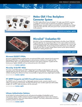 NEW PRODUCT INTRODUCTIONS

Molex GbX I-Trac Backplane
Connector System
The MTE1 highly efficient series of isolated 1 W single output DC-DC converters
is suitable for a broad range of industrial and automation applications. The
MVAC400 power converter models accommodate the universal AC input voltage
range from 90 to 264 VAC with active power factor correction (PFC) and active
inrush protection.
em.avnet.com/axiom_npimlx

MicroZed™ Evaluation Kit
MicroZed is a low-cost development board based on the Xilinx Zynq®-7000 All
Programmable SoC. Its unique design allows it to be used as both a stand-alone
evaluation board for basic SoC experimentation, or combined with a carrier card
as an embeddable SOM. This kit includes the MicroZed board, micro USB cable,
4 GB μSD card, Xilinx Vivado® Design Edition license voucher (device locked to
7Z010) and a Getting Started Card.
em.avnet.com/axiom_npiavt

Microsemi IGLOO ®2 FPGAs
Microsemi’s IGLOO2 FPGAs, targeted at the cost-optimized FPGA market, integrate fourth generation
flash-based FPGA fabric and high performance communications interfaces on a single chip. The
IGLOO2 FPGAs offer a cost optimized FPGA with best-in-class feature integration coupled with the
lowest power, highest reliability and most advanced security in the industry.
em.avnet.com/axiom_npimsw

Microchip 16-bit PIC® MCUs
Microchip’s 16-bit PIC24 MCUs and dsPIC® Digital Signal Controllers provide designers with an easy
upgrade path from 8-bit PIC MCUs and a cost-effective option to 32-bit MCUs. The broad product line
includes everything from eXtreme Low Power microcontrollers to high performance digital signal controllers.
em.avnet.com/axiom_npimcc

ITT 38999 Composite and 5015 Firewall Interconnect Solutions
The D38999 series III composite KJB is a lightweight standard circular connector ideal for use in
military and aerospace environments. The 5015 Firewall spin lock variable angle back shell enables
straight, 45° and 90° cable terminations with the same part.
em.avnet.com/axiom_npiitt

Infineon Authentication Solutions
As the leader for hardware-based security with extensive knowledge of embedded control
requirements, Infineon enables customers to build security models based on best-in-class hardware
in customized solutions. Learn more about Infineon’s OPTIGA™ Trust family, authentication and brand
protection products and solutions.
em.avnet.com/axiom_npiinf
	

AVNET ELECTRONICS MARKETING	51

 