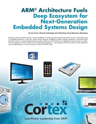 ARM® Architecture Fuels
Deep Ecosystem for
Next-Generation
Embedded Systems Design
By Jim Carver, Director Technology, Tech Marketing, Avnet Electronics Marketing
Electronics systems manufacturers face a growing challenge in meeting specialized market requirements across an expanding range
of embedded applications. In the past, systems design companies struggling to address disparate application requirements found
themselves driven to correspondingly disparate processor architectures, each with their own development tools and resources. Today,
however, engineers can find an extensive array of specialized processors — each designed with features tuned to specific application
areas, yet all building on a common processor core from the ARM® family.

 