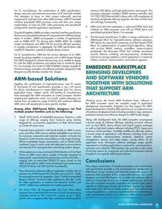 For IC manufacturers, the combination of ARM specifications,
design resources and extensive ecosystems of IP and tools enables
chip designers to focus on their unique value-add, sourcing
supporting IP and tools from other ARM partners. ARM IP licensees
combine specialized ARM processor cores with their own unique
combinations of cores for DSP, video processing and peripherals
configured for specific application requirements.
Tying the IP together, AMBA provides a standard interface specification
that ensures compatibility between IP components from different design
teams or vendors. AMBA encompasses a number of specifications
such as AMBA ACE™ for sharing data, AMBA AXI4™ for multiple
master architectures and ARM CHI for ensuring efficient operation
in complex architectures. In aggregate, the ARM specifications help
simplify IP integration, speeding complex design projects.
For IC manufacturers, ARM ties the various elements of an ARMbased chip design together in resources such as ARM System Design
Kits (SDK) designed to shorten the learning curve needed to design
ICs with the ARM architecture and reduce time to market for those
ICs. For example, the Cortex-M SDK (CMSDK) includes reusable IP,
hardware design examples and software examples designed to help
designers quickly develop complex SoC designs.

ARM-based Solutions
Together, the combination of high-performance core IP, system
IP, third-party IP and specifications provides a very rich source
for silicon manufacturers to create ARM-based SoCs for diverse
application areas. Indeed, nearly 100 leading IC manufacturers
have leveraged the ARM ecosystem to create processor families
targeting key application areas. As a result, systems designers can
choose from an extensive range of MCUs that combines different
ARM cores with peripherals to serve specific markets.
Among other ARM-based MCUs, designers can find
multiple product families such as the following:
•	

Atmel® SAM family of embedded processors features a wide
range of offerings ranging from Cortex-A series families
designed for cost-sensitive applications to flash MCUs based
on Cortex-M series cores.

•	

Freescale Semiconductor’s i.MX family builds on ARM A series
cores and other ARM cores to address embedded smart devices
for consumer, automotive and industrial markets; its Kinetis line
based on Cortex-M series cores address a wide range of energyefficient embedded design requirements; and its QorIQ family
combines Cortex-A series cores with dedicated communications
and security IP for next-generation networking systems designs.

•	

STMicroelectronics bases its broad STM32 family of 32-bit flash
MCUs on ARM cores with a number of families designed to
meet specific requirements for performance and functionality —
ranging from its entry-level STM32 F0 series based on the
ARM Cortex-M0 to ARM Cortex-M4-based high-performance
STM32 F4 MCUs with DSP and FPU functionality.

•	

Texas Instruments addresses different application markets with an
extensive set of ARM-based MCU families such as its Tiva™ family
for increased connectivity integration, Sitara™ family for embedded
designs, DaVinci™ family for video applications, Hercules™ series
for safety applications in medical and industrial markets, and
OMAP™ platform for multimedia-rich mobile applications.

•	

The Zynq®-7000 All Programmable SoC from Xilinx offers
designers the unmatched performance of a dual core processing
subsystem based on the Cortex-A9 running up to 1 GHz,
paired with a programmable logic subsystem containing block

memory, DSP blocks and high-performance interconnect. This
processor subsystem includes a DDR3 memory controller, dual
10/100/1000 Ethernet MACs along with a full complement of
standard peripherals offering engineers the best of both hard
and soft logic functionality.
•	

ARM cores form the centerpiece in advanced FPGA SoCs that
combine an ARM processor core with an FPGA fabric and
specialized peripheral blocks. For example:

•	

The Microsemi SmartFusion™2 offers a unique combination of
ARM-based MCU for high-performance software execution,
DSP blocks for specialized computing and flash-based FPGA
fabric for implementation of speed-critical algorithms. Along
with on-chip SRAM, memory controllers, communications
peripherals, the Microsemi FPGA SoC includes specialized
security features including security-processing accelerators
and secure storage needed in critical applications in industrial,
military, aviation, communications and medical segments.

  MBEDDED MARKETPLACE 
E
  RINGING DEVELOPERS 
B
  ND SOFTWARE VENDORS 
A
TOGETHER WITH SOLUTIONS 
  HAT SUPPORT ARM 
T
  RCHITECTURE 
A
Working across the broad ARM hardware base, software in
the ARM ecosystem spans the complete range of application
development requirements. Engineers can find support for ARMbased development in familiar IDEs and draw on an extensive array
of hardware development tools including emulators, logic analyzers,
evaluation boards and reference designs for ARM-based design.
Along with development tools, the ARM ecosystem encompasses
a broad range of software offerings including low-level software
such as from BIOS, device drivers and board support packages
as well as high-level systems software including RTOS, hypervisors
and Java virtual machines. Available middleware offerings address
a broad range of applications with libraries including audio and
voice software, communications protocols, database, power
management, security and video codecs, among others. At the
application level, third-party software packages target specific
requirements including applications in automotive, communications,
consumer and industrial. ARM partners also provide a wide variety
of training options for companies and individual engineers looking
to explore more specific ARM-based solutions.

Conclusions
The unique combination of standard processor core architectures
and specification provides a rich environment for development of
ARM-based design solutions and tools that continually expand the
extensive ARM ecosystem of ICs, systems and software. As a result,
designers can find ARM-based MCUs, tools and software able to
meet an increasingly diverse set of market requirements. Drawing
from this consistent ecosystem, engineers can rapidly build systems
capable of addressing a broad set of designs ranging from deeply
embedded smart devices to mobile systems and high-performance
computing platforms. Contact your local Avnet Electronics Marketing’s
sales representative to learn more about our ARM solutions portfolio
or visit www.em.avnet.com/axiom_embeddedprocessing.
	

AVNET ELECTRONICS MARKETING	09

 