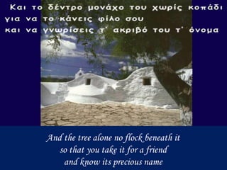 And the tree alone no flock beneath it
so that you take it for a friend
and know its precious name
 
