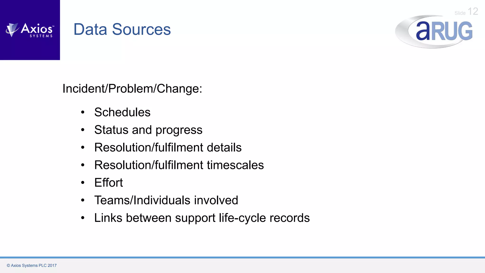 © Axios Systems PLC 2017
Slide 12
Data Sources
Incident/Problem/Change:
• Schedules
• Status and progress
• Resolution/fulfilment details
• Resolution/fulfilment timescales
• Effort
• Teams/Individuals involved
• Links between support ​life-cycle records
 