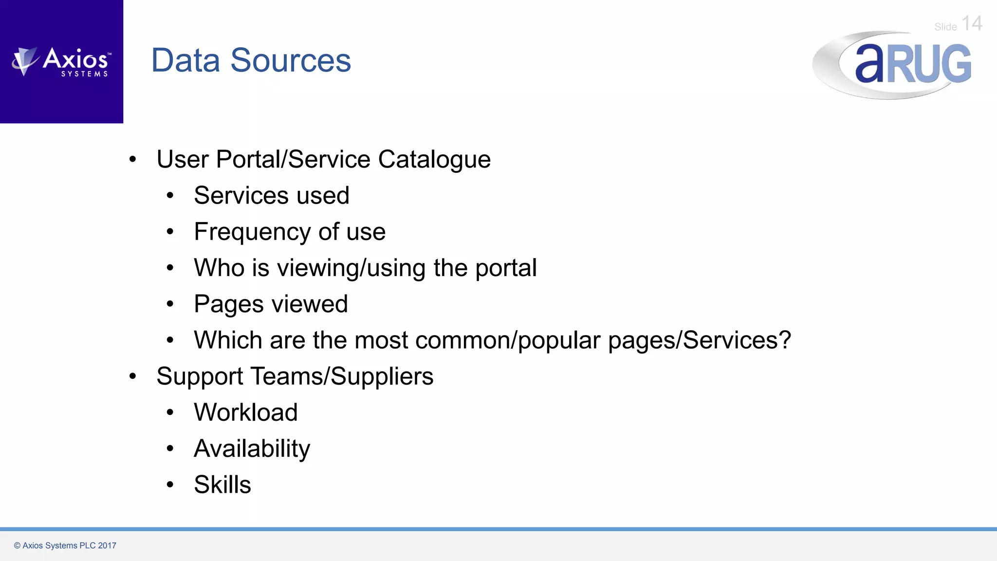 © Axios Systems PLC 2017
Slide 14
Data Sources
• User Portal/Service Catalogue
• Services used
• Frequency of use
• Who is viewing/using the portal
• Pages viewed
• Which are the most common/popular pages/Services?
• Support Teams/Suppliers
• Workload
• Availability
• Skills
 