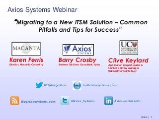Axios Systems Webinar
Blog.axiossystems.com @Axios_Systems Axios on LinkedIn
Karen Ferris
Director, Macanta Consulting
Barry Crosby
Business Solutions Consultant, Axios
Clive Keylard
Application Support Leader &
Service Delivery Manager,
University of Canterbury
“Migrating to a New ITSM Solution – Common
Pitfalls and Tips for Success”
Axios | 1
im@axiossystems.com#ITSMmigration
 