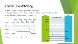 Channel Handshaking
 Valid = 1 means valid packet is being transferred
 Ready indicates whether slave is ready or not to receive the next transaction
 To complete 1 transfers valid = 1, ready = 1
 