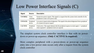 AXI
Low Power Interface Signals (C)
The simplest system clock controller interface is that with no power-
down or power-up sequence. (Only CACTIVE Is required)
More complex peripheral with a power-down or power-up sequence
entry into a low-power state occurs only after a request from the system
clock controller
 