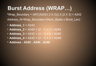 Burst Address (WRAP…)
•Wrap_Boundary = (INT(A242/( 2 X 3))) X (2 X 3) = A242
Address_N=Wrap_Boundary+(Num_Bytes x Burst_Len)
• Address_1 = A242
• Address_2 = A242 + (2 - 1) x 2 = A244
• Address_3 = A242 + (3 - 1) x 2 = A246
• Address_4 = A242 + (4 - 1) x 2 = A248
• Address : A242 , A244 , A246
 