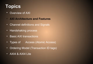 Topics
• Overview of AXI
• AXI Architecture and Features
• Channel definitions and Signals
• Handshaking process
• Basic AXI transactions
• Types of Access (Atomic Access)
• Ordering Model (Transaction ID tags)
• AXI4 & AXI4 Lite
 
