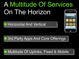 A Multitude Of Services
On The Horizon
￭ Horizontal And Vertical
￭ 3rd Party Apps And Core Offerings
￭ Multitude Of Uplinks, Fixed & Mobile
 