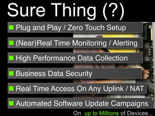 Sure Thing (?)
￭ Plug and Play / Zero Touch Setup
￭ (Near)Real Time Monitoring / Alerting
￭ High Performance Data Collection
￭ Business Data Security
￭ Real Time Access On Any Uplink / NAT
￭ Automated Software Update Campaigns
On up to Millions of Devices...
 